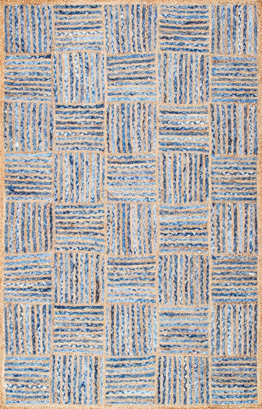 Denim Jute Rug, Block Pattern Rug, Handwoven Area Rug, Denim Rug Carpet