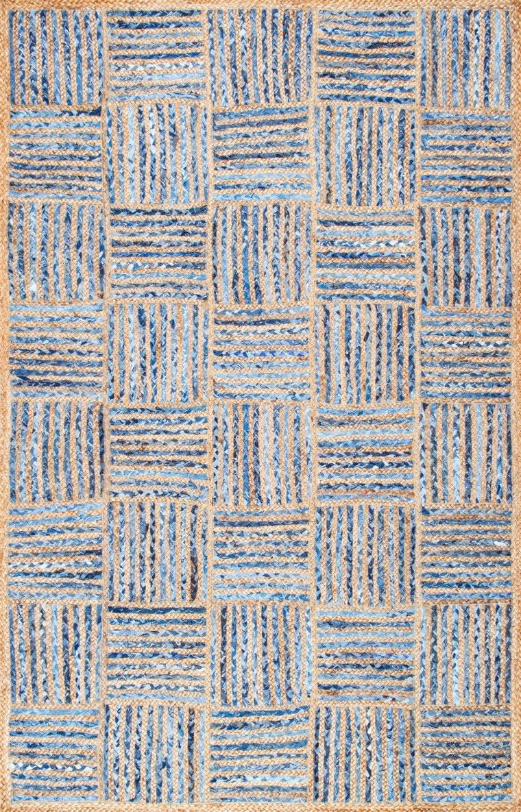 Denim Jute Rug, Block Pattern Rug, Handwoven Area Rug, Denim Rug Carpet