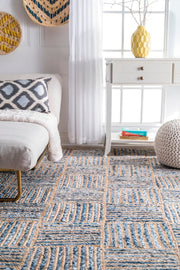 Denim Jute Rug, Block Pattern Rug, Handwoven Area Rug, Denim Rug Carpet