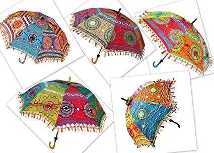5 Pc Lot Decorative Indian Embroidered Cotton Umbrella Ethnic Vintage Sun Protected Parasol Bohemian Wedding Decoration-Jaipur Handloom
