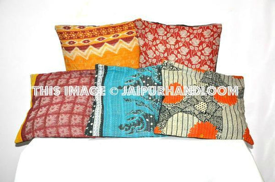 5 Vintage Kantha Decorative throw Pillow, Kantha Pillow, Kantha Cushion Cover, Gypsy pillow, Antique Bohemian Pillow, Indian Pillow cushion-Jaipur Handloom