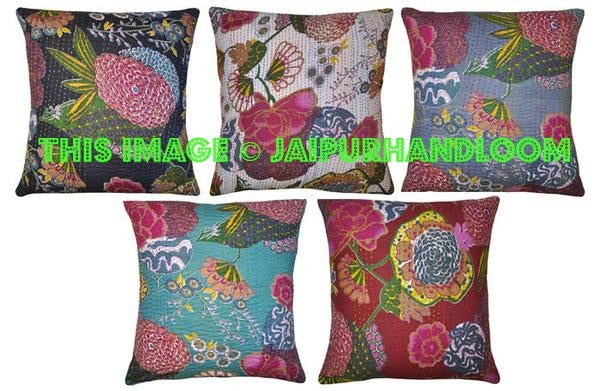 5pc 16x16" handmade kantha pillow ,kantha decorative throw pillow, kantha cushions, pillow cushions, Indian pillow cotton Indian sari pillow-Jaipur Handloom