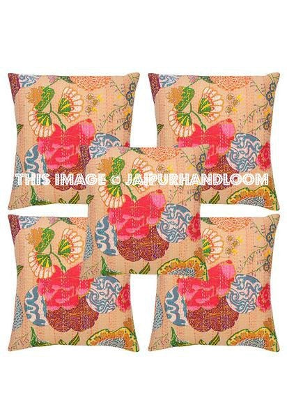 5pc Beige kantha Pillow, kantha cushion for sofa, Kantha Decorative throw Pillow, indian Kantha Pillow, Kantha Cushion Cover, Boho pillow-Jaipur Handloom