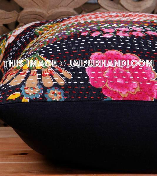 5pc Black Kantha Pillow Cover, Kantha throw Pillow cushion Cover, Kantha Thread Floral Cotton Cushion Pillow Covers Ethnic Decorative Art-Jaipur Handloom