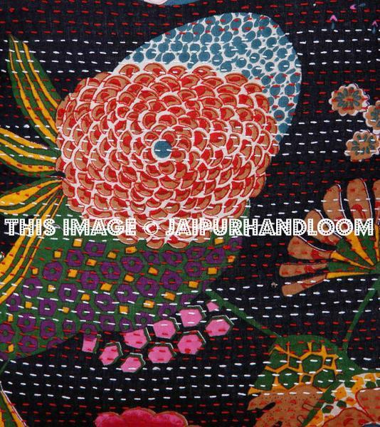 5pc Black Kantha Pillow Cover, Kantha throw Pillow cushion Cover, Kantha Thread Floral Cotton Cushion Pillow Covers Ethnic Decorative Art-Jaipur Handloom