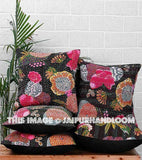 5pc Black Kantha Pillow Cover, Kantha throw Pillow cushion Cover, Kantha Thread Floral Cotton Cushion Pillow Covers Ethnic Decorative Art-Jaipur Handloom