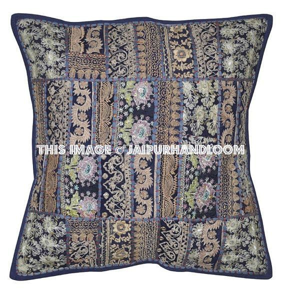 5pc Blue Decorative throw Pillows for couch Embroidered bedroom cushions-Jaipur Handloom