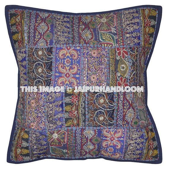 5pc Blue Decorative throw Pillows for couch Embroidered bedroom cushions-Jaipur Handloom