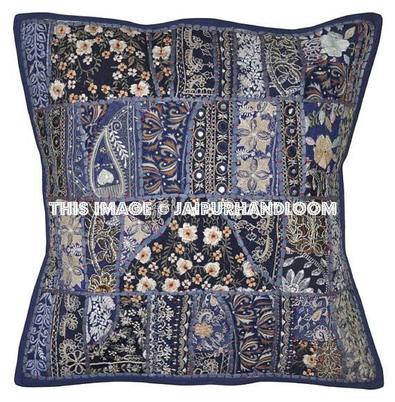 5pc Blue Decorative throw Pillows for couch Embroidered bedroom cushions-Jaipur Handloom