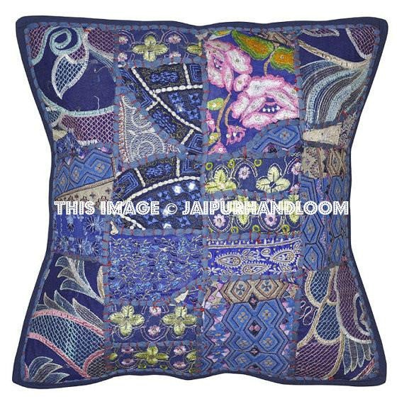 5pc Blue Decorative throw Pillows for couch Embroidered bedroom cushions-Jaipur Handloom