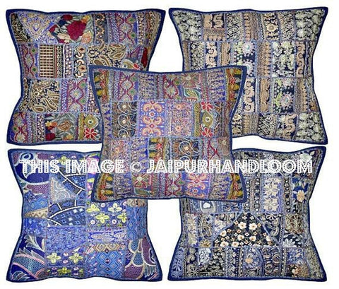 5pc Blue Decorative throw Pillows for couch Embroidered bedroom cushions-Jaipur Handloom