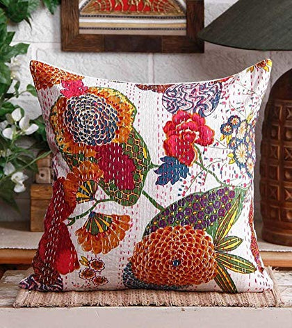 5pc Cotton Decorative White Kantha throw Pillow