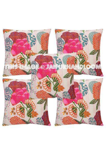 5pc Cotton Decorative White Kantha throw Pillow
