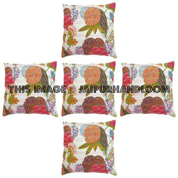 5pc Cotton Decorative White Kantha throw Pillow