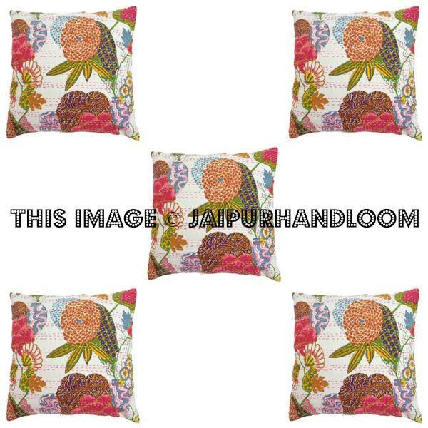5pc Cotton Decorative White Kantha throw Pillow