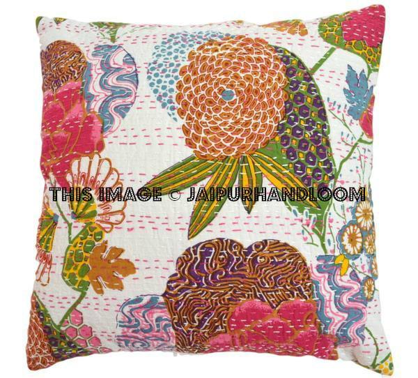 5pc Cotton Decorative White Kantha throw Pillow