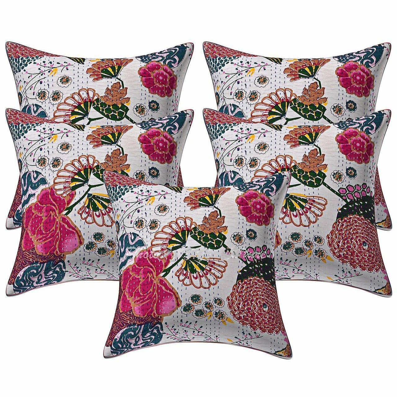 5pc Cotton Decorative White Kantha throw Pillow
