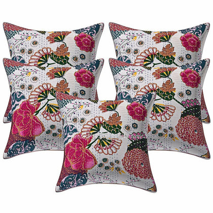5pc Cotton Decorative White Kantha throw Pillow