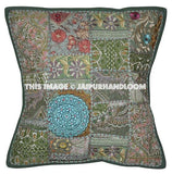 5pc Green Patchwork Dining Chair Cushions Indian Embroidered Sofa Pillows-Jaipur Handloom