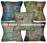 5pc Green Patchwork Dining Chair Cushions Indian Embroidered Sofa Pillows-Jaipur Handloom