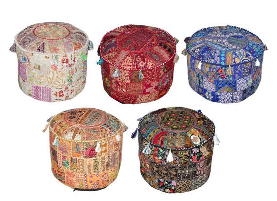 5pc Indian ottoman poufs, patchwork Ottomans FootStool Bean Bag-Jaipur Handloom