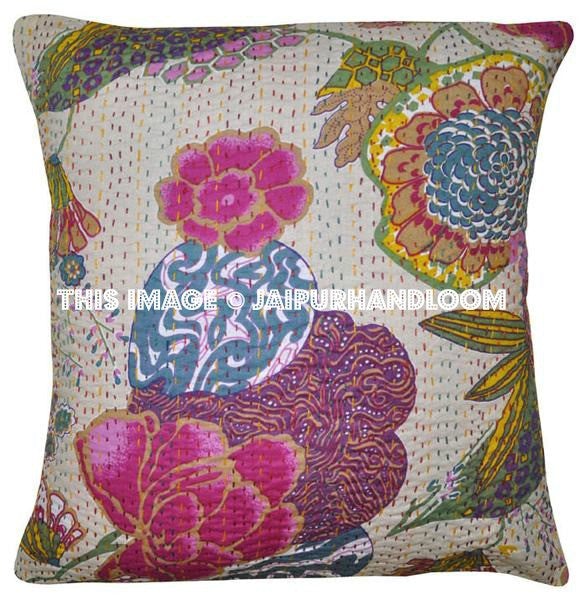 5pc Kantha Decorative throw Pillow, Sari Kantha Pillow Kantha Cushion Cover, Boho pillow, Antique Pillow, Indian pillow fruit print pillow-Jaipur Handloom