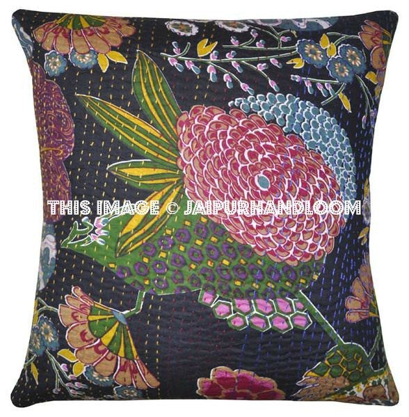 5pc Kantha Decorative throw Pillow, Sari Kantha Pillow Kantha Cushion Cover, Boho pillow, Antique Pillow, Indian pillow fruit print pillow-Jaipur Handloom