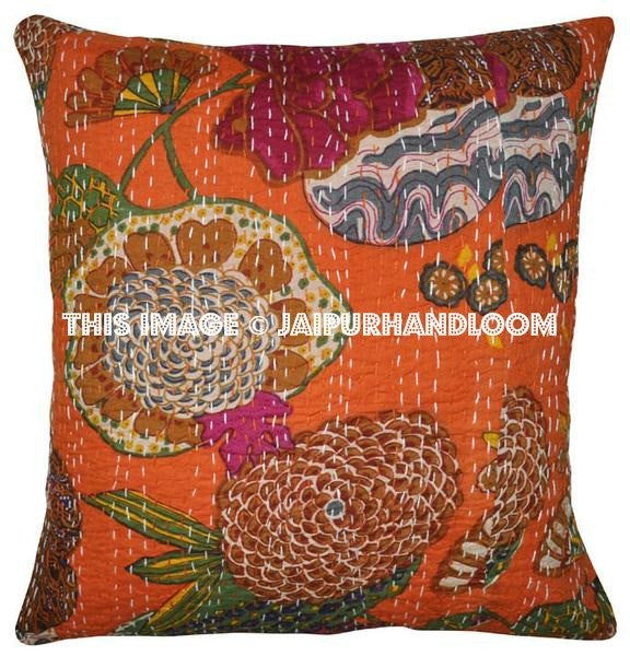 5pc Kantha Decorative throw Pillow, Sari Kantha Pillow Kantha Cushion Cover, Boho pillow, Antique Pillow, Indian pillow fruit print pillow-Jaipur Handloom