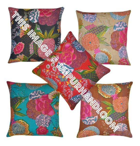 5pc Kantha Decorative throw Pillow, Sari Kantha Pillow Kantha Cushion Cover, Boho pillow, Antique Pillow, Indian pillow fruit print pillow-Jaipur Handloom