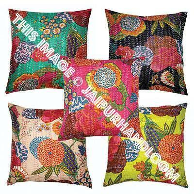 5pc Kantha Pillow Cover, Indian Kantha Pillow Case, Cushion Cover, Cotton Pillow, Bohemian Decorative Pillow, Kantha Throw Pillow 16x16"-Jaipur Handloom