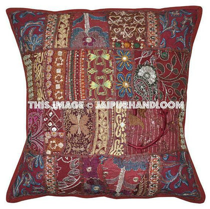 5pc Maroon Patchwork Throw Pillows For Couch Indian Embroidered Cushions
