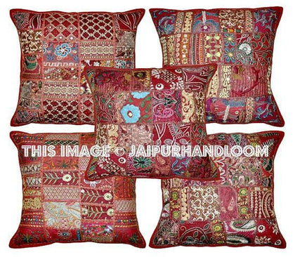 5pc Maroon Patchwork Throw Pillows For Couch Indian Embroidered Cushions