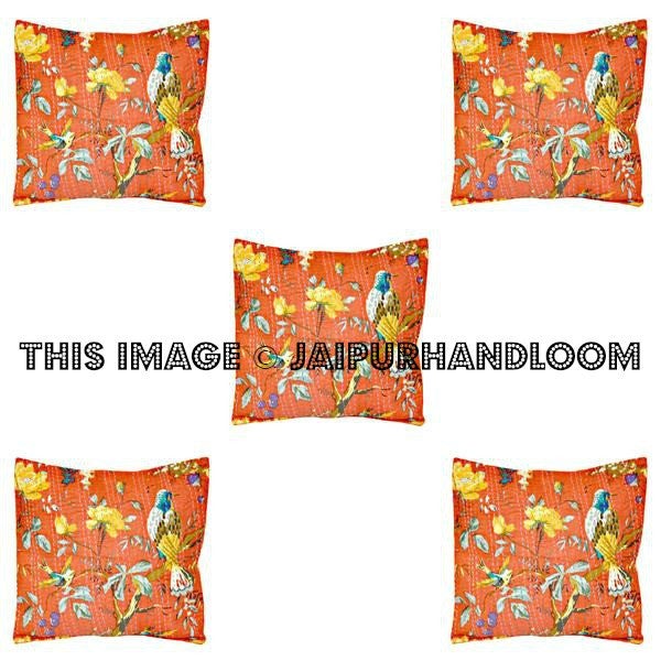 5pc Orange kantha Pillow in bird print, Bohemian Kantha Decorative throw Pillow indian Kantha Pillow, Kantha Cushion Cover wholesale-Jaipur Handloom