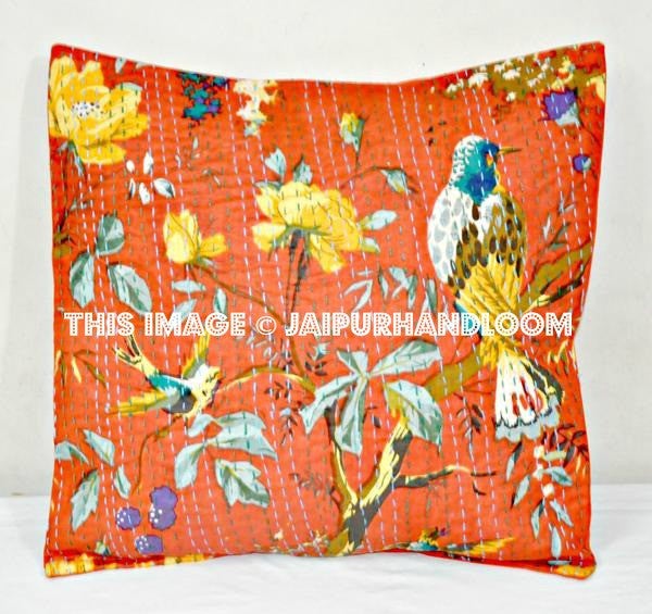 5pc Orange kantha Pillow in bird print, Bohemian Kantha Decorative throw Pillow indian Kantha Pillow, Kantha Cushion Cover wholesale-Jaipur Handloom