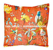 5pc Orange kantha Pillow in bird print, Bohemian Kantha Decorative throw Pillow indian Kantha Pillow, Kantha Cushion Cover wholesale-Jaipur Handloom