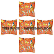 5pc Orange kantha Pillow in bird print, Bohemian Kantha Decorative throw Pillow indian Kantha Pillow, Kantha Cushion Cover wholesale-Jaipur Handloom