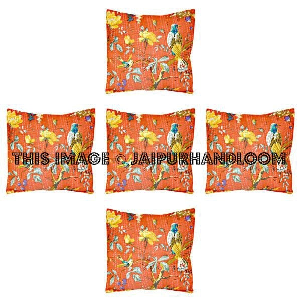 5pc Orange kantha Pillow in bird print, Bohemian Kantha Decorative throw Pillow indian Kantha Pillow, Kantha Cushion Cover wholesale-Jaipur Handloom