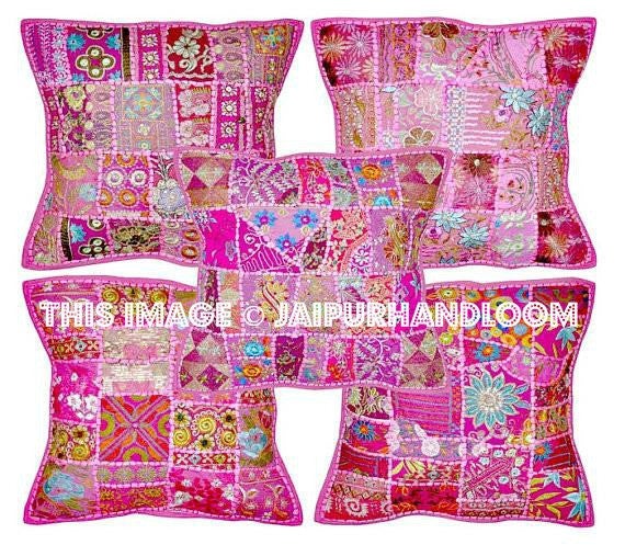 5pc Pink Bohemian Pillows Indian Patchwork Cushion Cover For couch-Jaipur Handloom