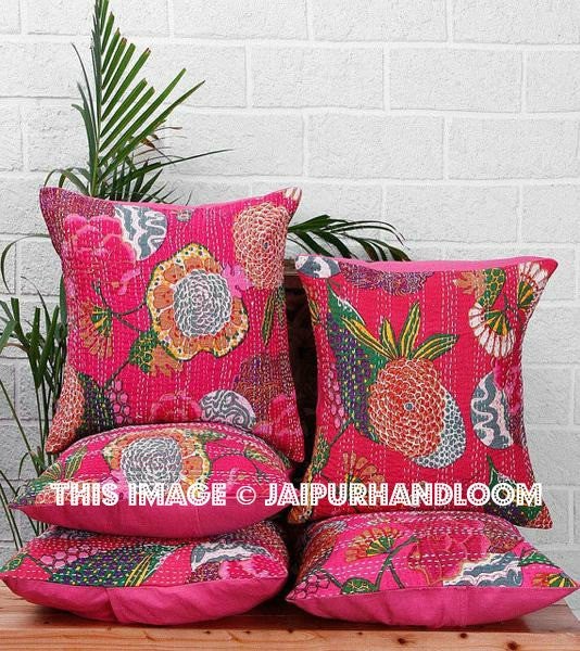 5pc Pink Kantha Pillow Cover, Kantha throw Pillow, kantha cushion Cover, Floral Pillow, Floor Pillow, Indian Pillow, Ethnic Pillow Decor-Jaipur Handloom