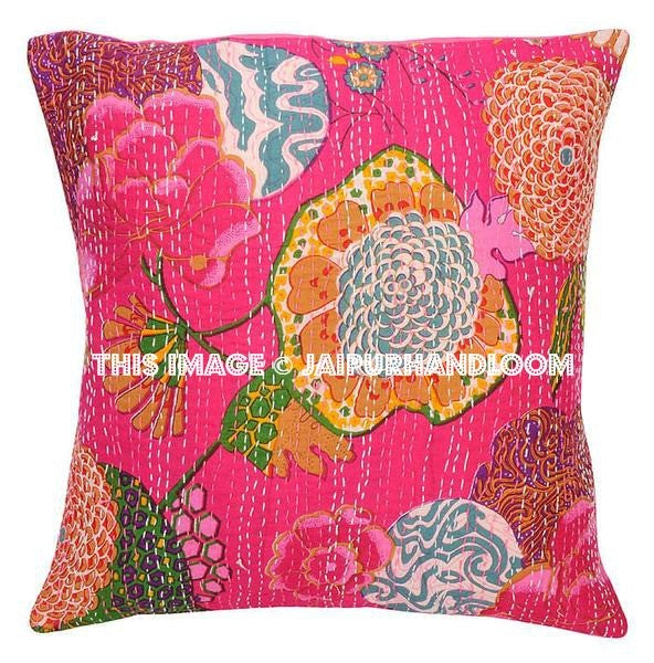 5pc Pink kantha Pillow, kantha cushion for sofa, Kantha Decorative throw Pillow, indian Kantha Pillow, Kantha Cushion Cover, Boho pillow-Jaipur Handloom