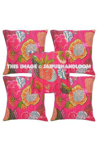 5pc Pink kantha Pillow, kantha cushion for sofa, Kantha Decorative throw Pillow, indian Kantha Pillow, Kantha Cushion Cover, Boho pillow-Jaipur Handloom