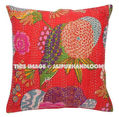 5pc Red kantha Pillow, kantha cushion for sofa, Kantha Decorative throw Pillow, indian Kantha Pillow, Kantha Cushion Cover, Boho pillow-Jaipur Handloom