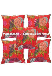 5pc Red kantha Pillow, kantha cushion for sofa, Kantha Decorative throw Pillow, indian Kantha Pillow, Kantha Cushion Cover, Boho pillow-Jaipur Handloom