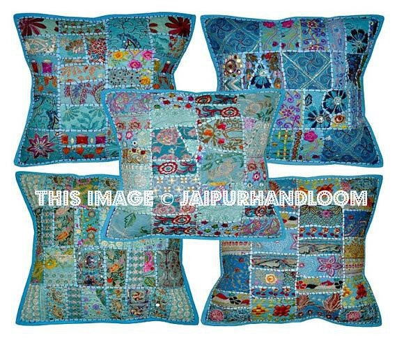 5pc Set Indian Bohemian throw Pillow in Blue decorative gypsy throw pillows-Jaipur Handloom