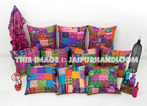 5pc patchwork kantha Pillow indian silk sari Decorative throw Pillow for sofa-Jaipur Handloom