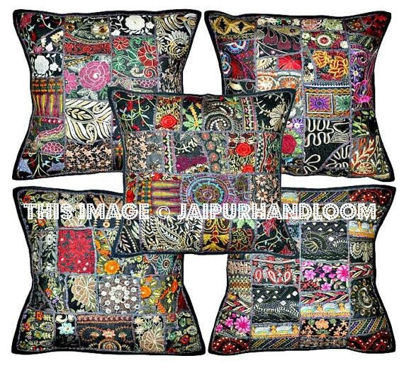 5pc set Black Decorative throw Pillows for couch Indian Handmade Yoga Pillows-Jaipur Handloom