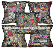 5pc set Black Decorative throw Pillows for couch Indian Handmade Yoga Pillows-Jaipur Handloom