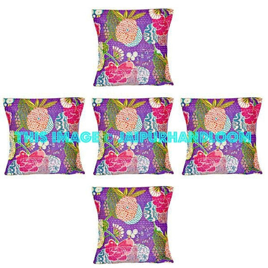 5pc set of Purple kantha Pillow, kantha cushion, floor Antique Kantha Decorative throw Pillow indian Kantha Pillow, Kantha Cushion Cover-Jaipur Handloom
