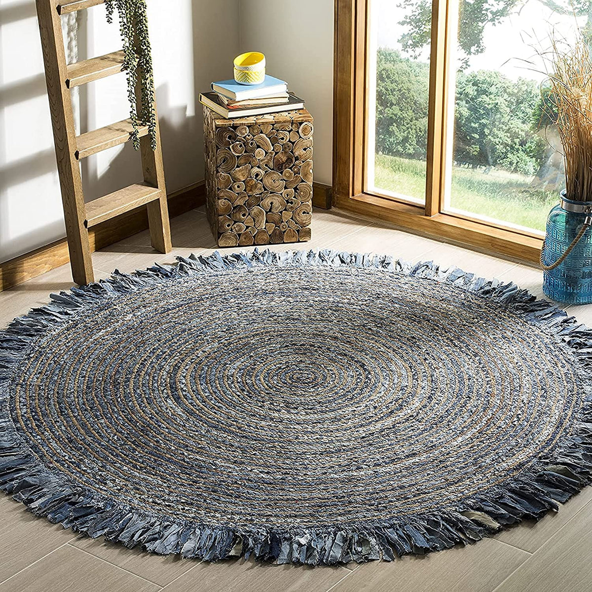 6 Feet Denim Jute Round Rugs for Living Room, Dining Room Jute Circle Rug by Jaipur Handloom
