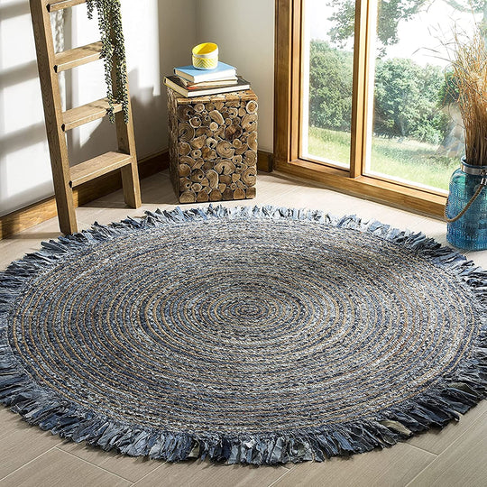 6 Feet Denim Jute Round Rugs for Living Room, Dining Room Jute Circle Rug by Jaipur Handloom